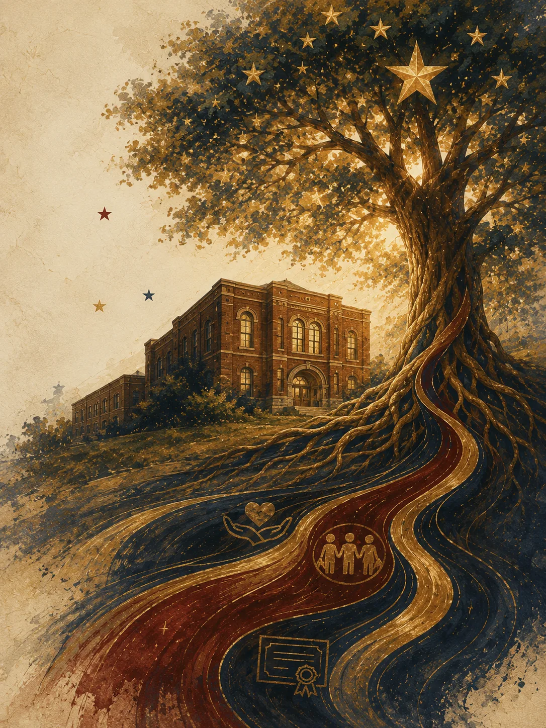 Painted artwork of a flourishing tree beside the Garfield Avenue building, its roots becoming ribbons of navy, crimson, and gold.