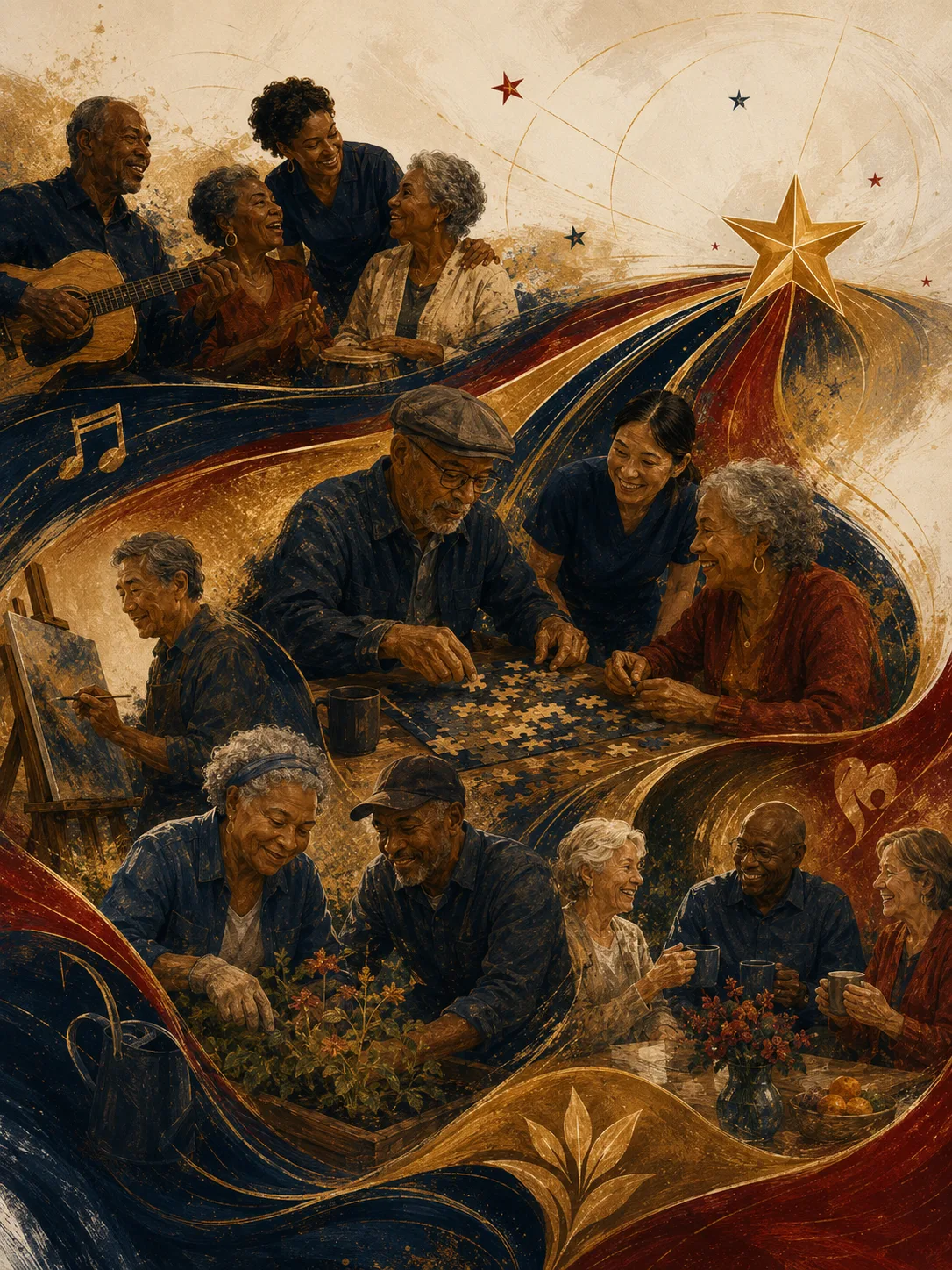 Painted artwork of elders enjoying music, puzzles, gardening, and coffee together, wrapped in flowing ribbons of navy, crimson, and gold.