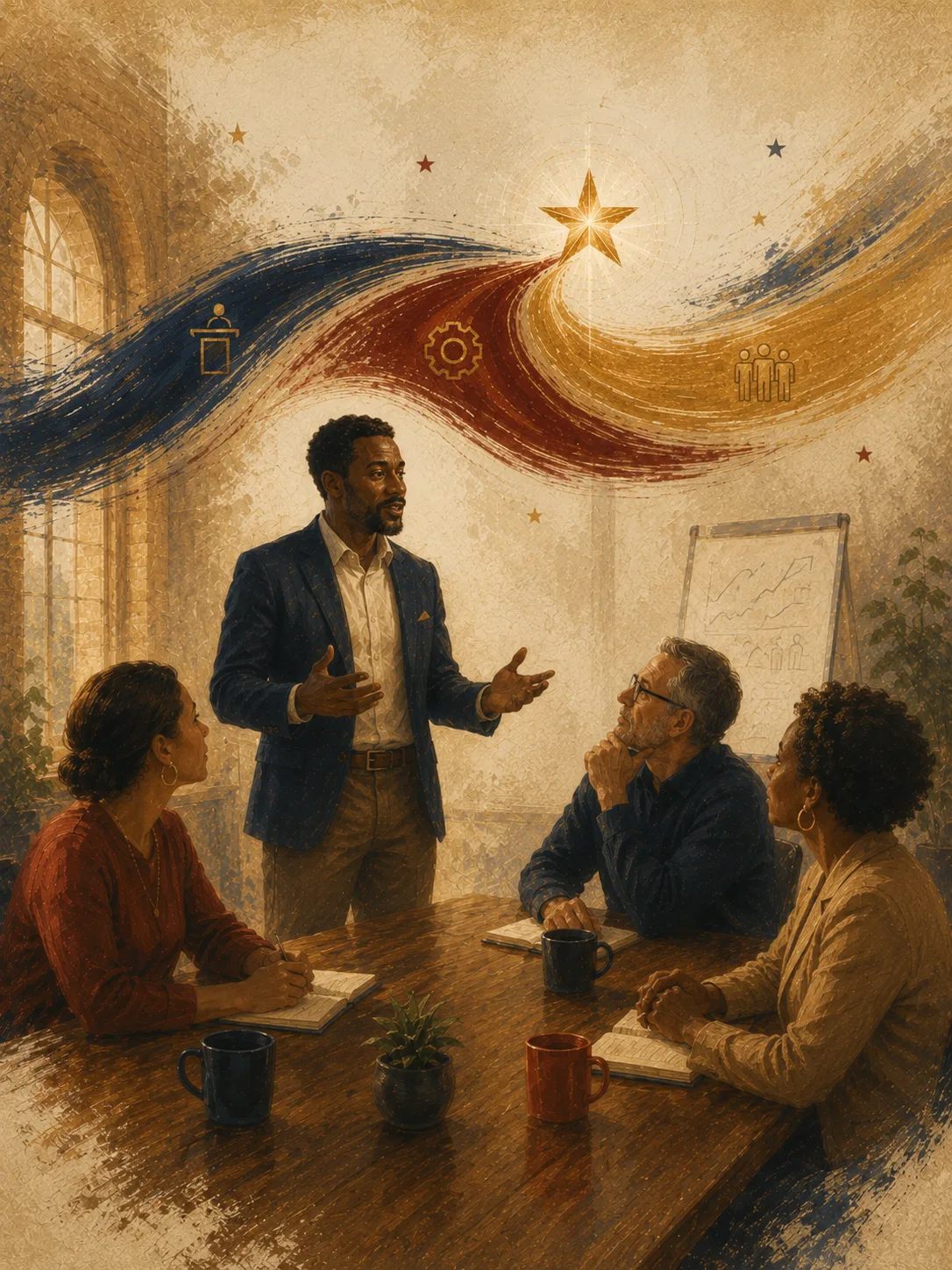 Painted artwork of an instructor teaching three professionals at a warm wooden table beneath an arcing ribbon and gold star.