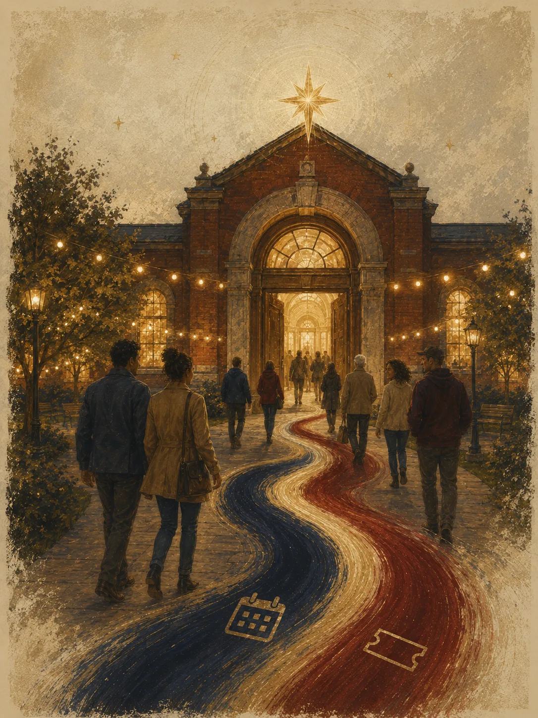 Painted artwork of neighbors arriving at a glowing landmark building on a string-lit evening, walking a ribbon path toward the open door.