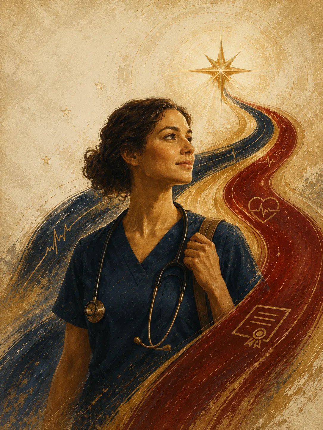Painted artwork of a caregiver in navy scrubs looking up toward a gold star as a ribbon with a woven heartbeat line flows behind her.