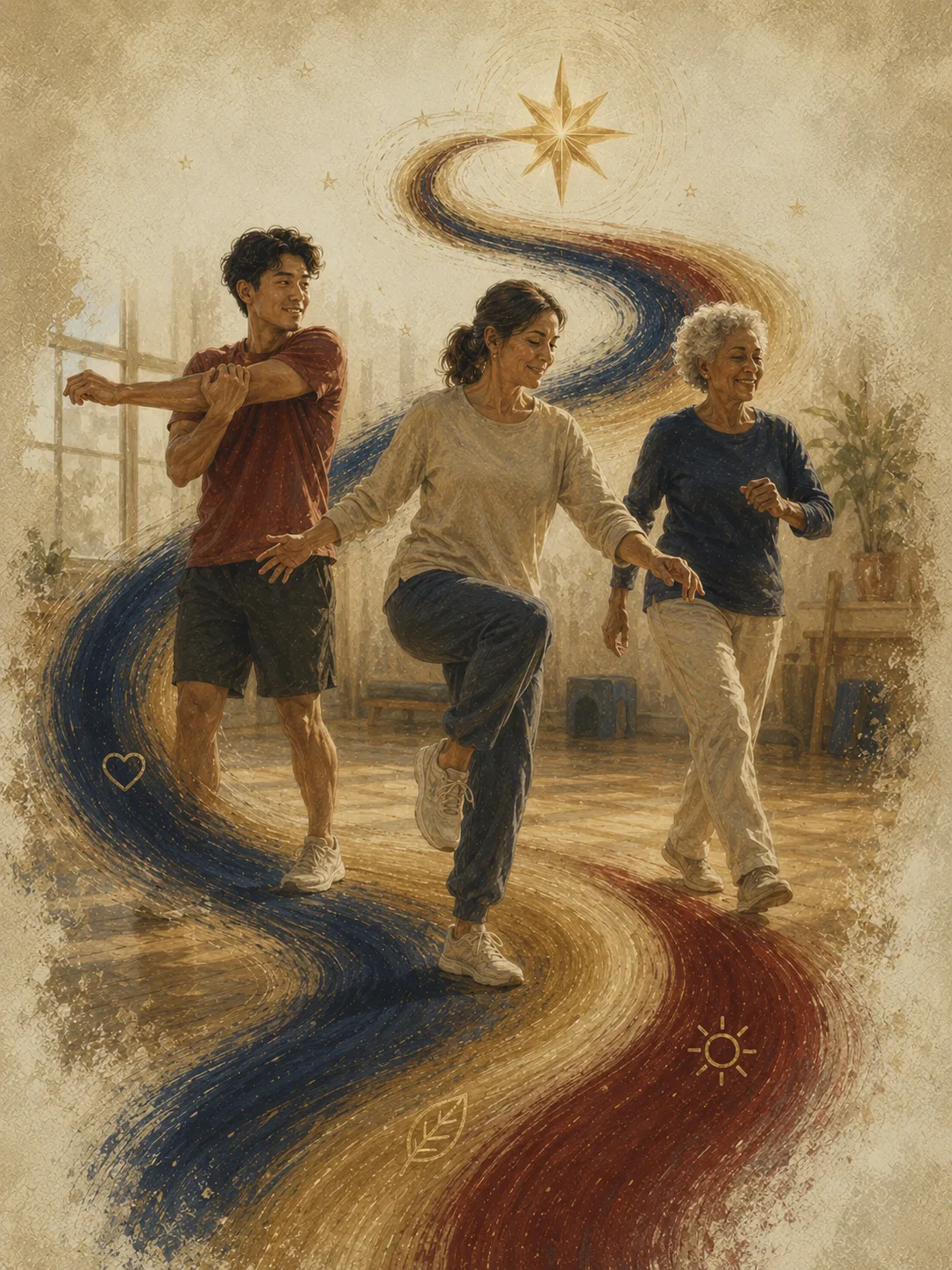 Painted artwork of three generations stretching and walking together in a bright studio, sharing one flowing ribbon path.