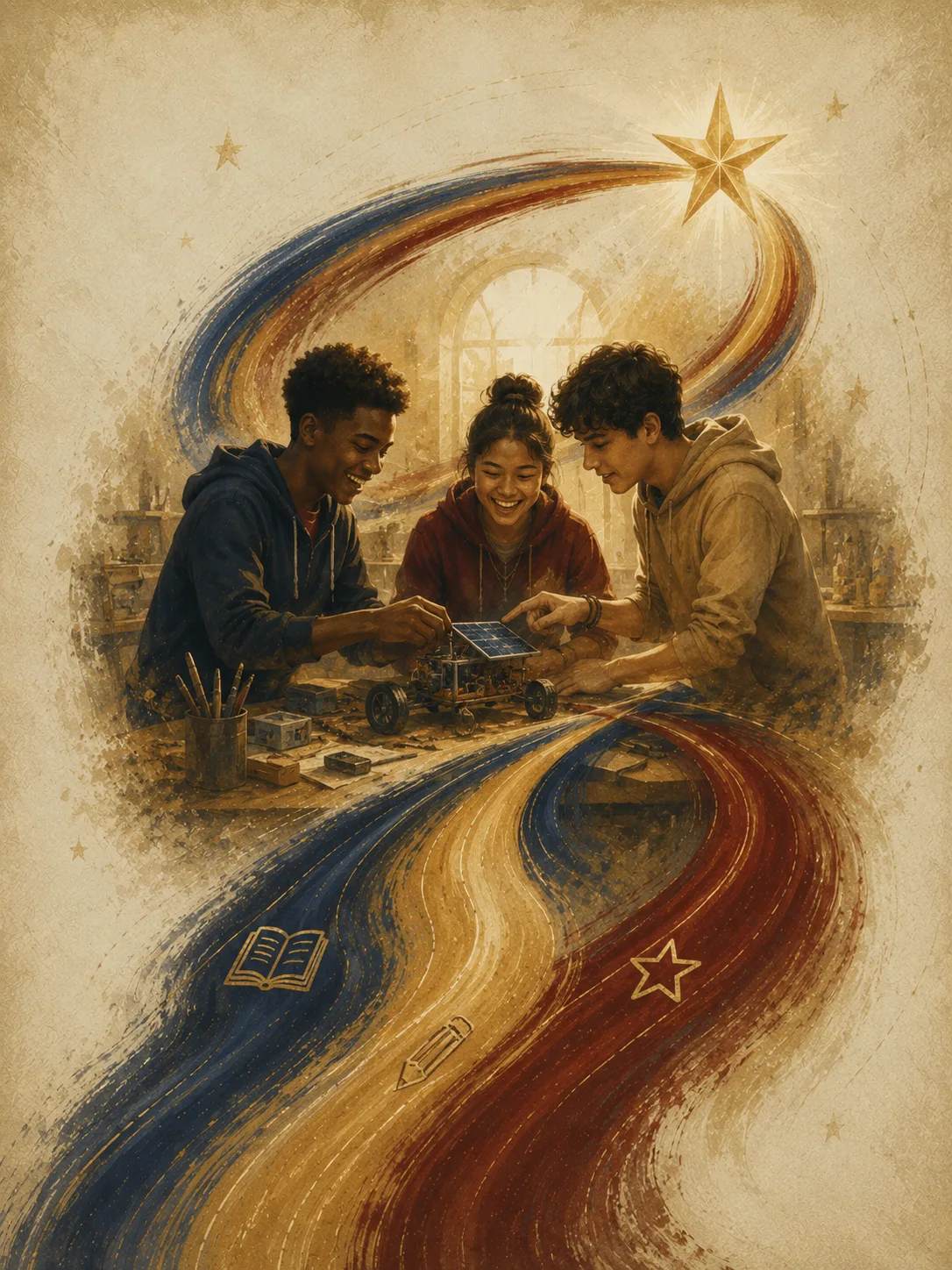 Painted artwork of three teenagers laughing while building a model together at a workbench as a bright ribbon sweeps past them to a star.